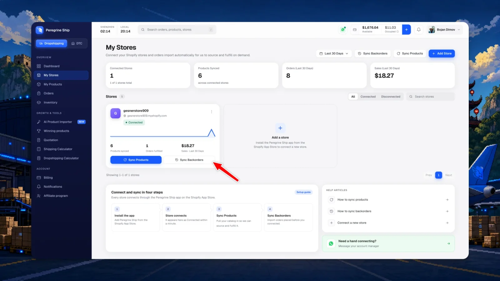 The My Stores page in Peregrine Ship with the Sync Backorders button highlighted on the connected Shopify store card
