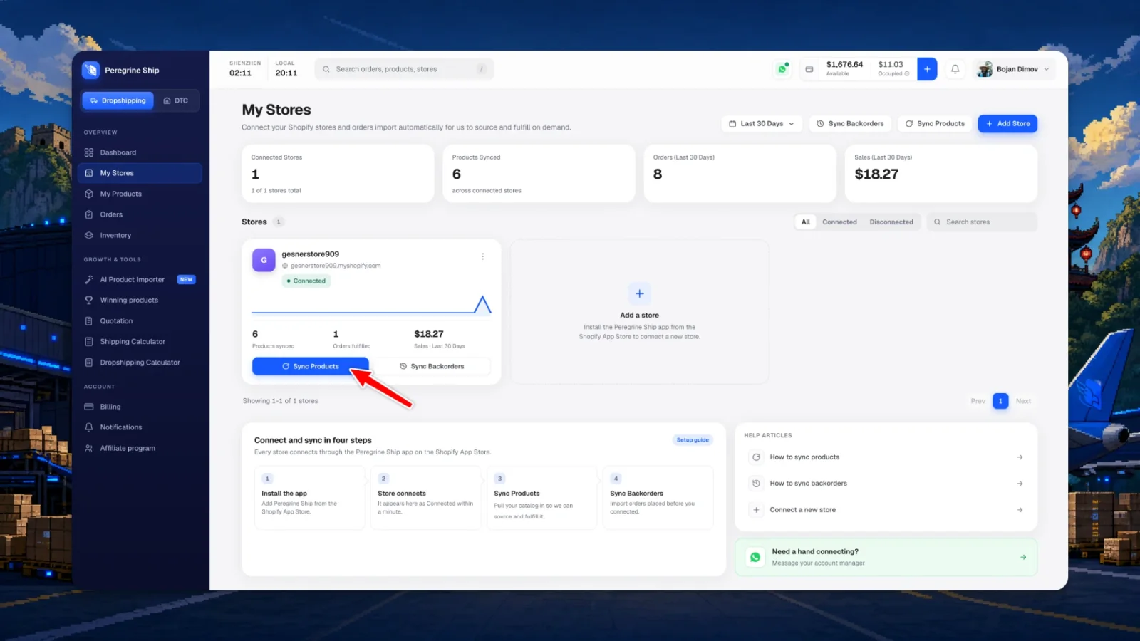The My Stores page in Peregrine Ship with the Sync Products button highlighted on the connected Shopify store card