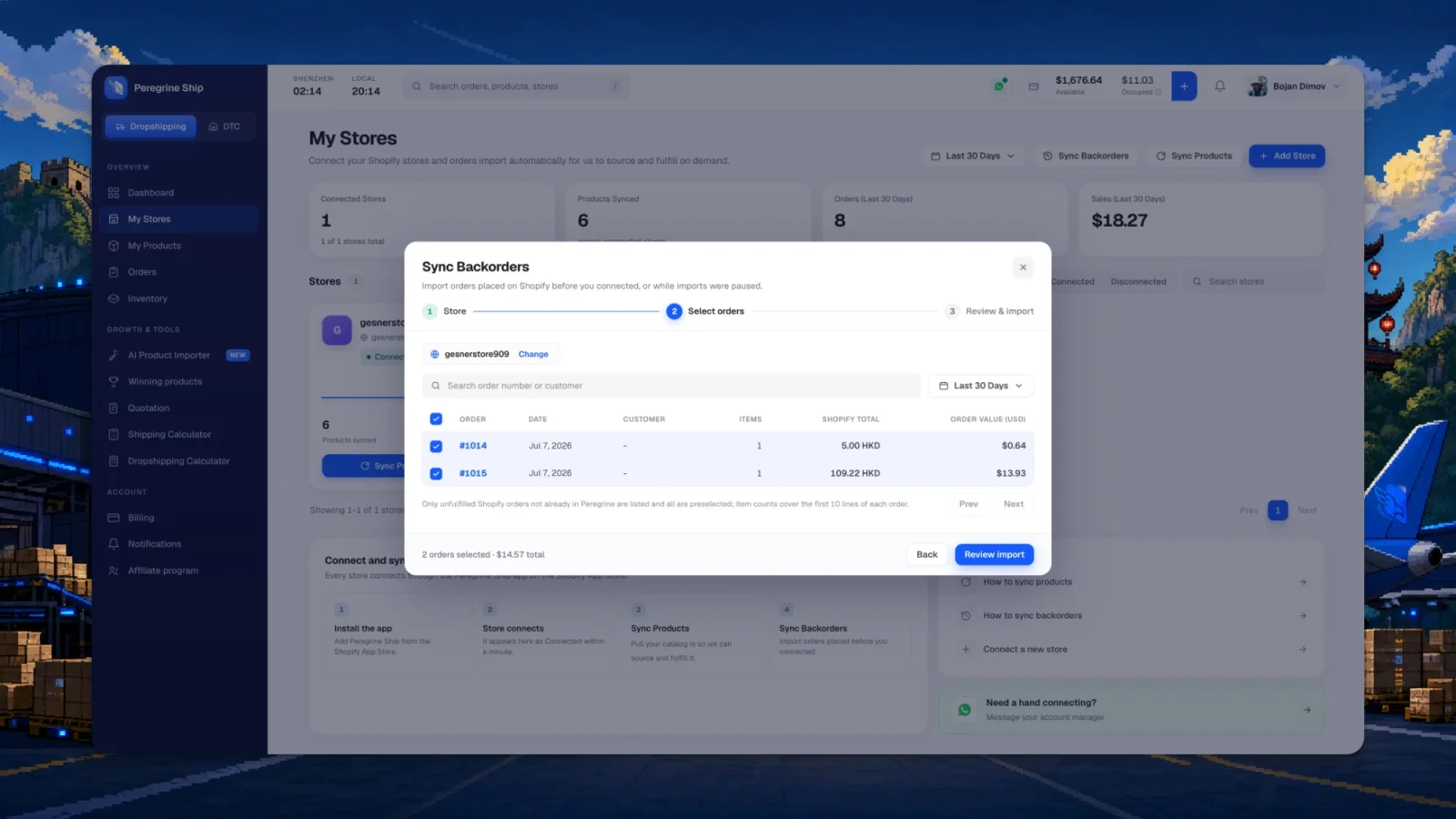 Step two of the Sync Backorders wizard listing unfulfilled Shopify orders with date, customer, item count, Shopify total and order value in dollars