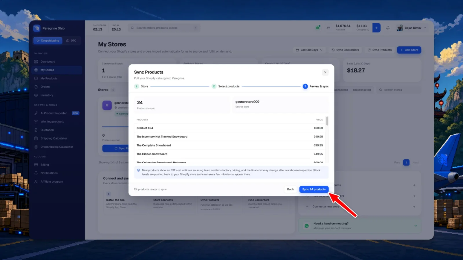 The review step of the Sync Products wizard showing the product count, source store and the list of products with prices before syncing