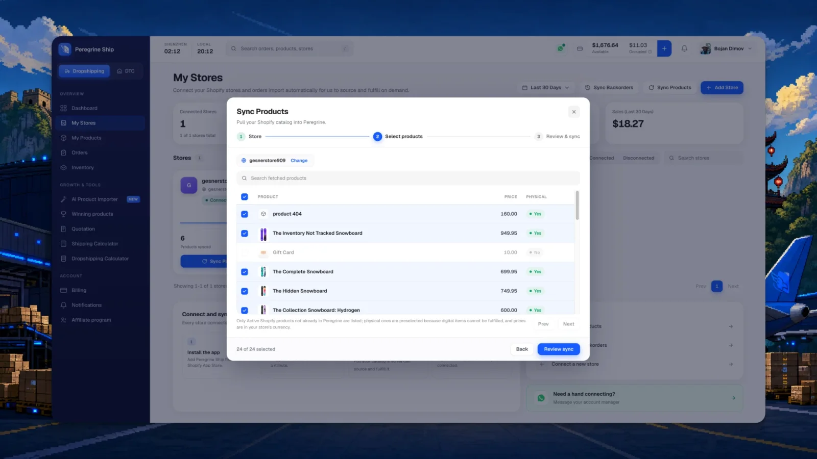Step two of the Sync Products wizard listing fetched Shopify products with checkboxes, prices and a physical column, with the digital gift card left unselected