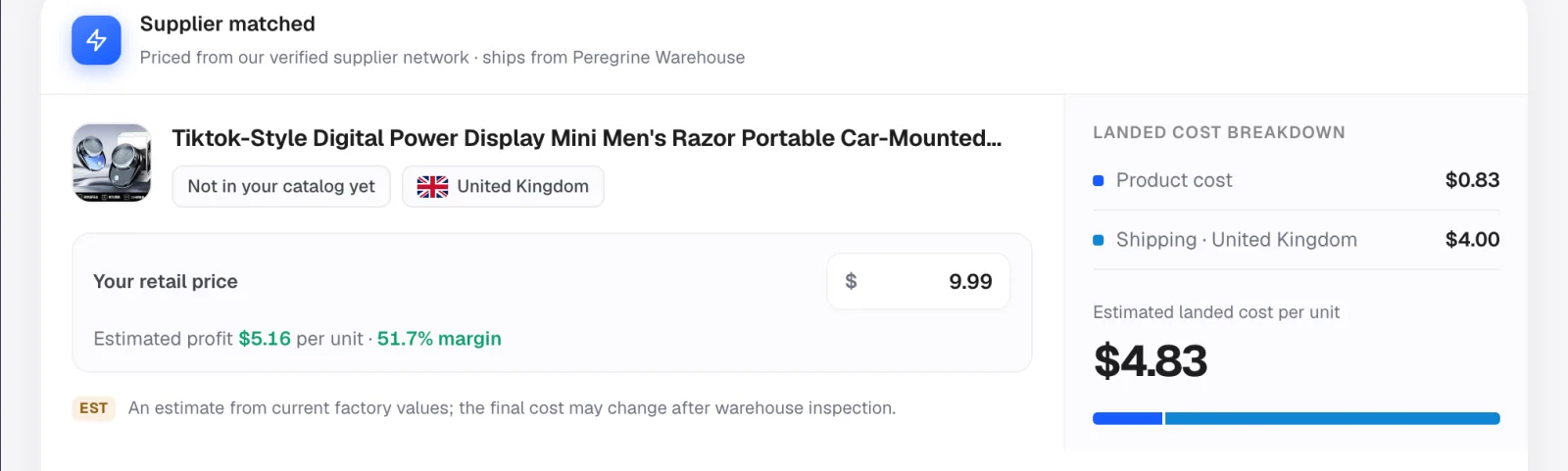 Dropshipping calculator landed cost breakdown: product cost and shipping split out, estimated landed cost per unit, and profit with margin at the set retail price