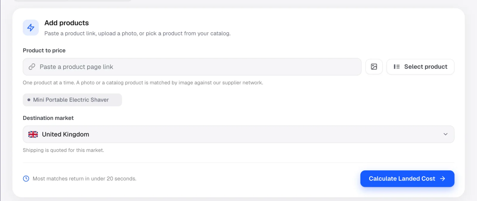 Dropshipping calculator search step: paste a product link, upload a photo or pick a catalog product, choose the destination market, and calculate landed cost